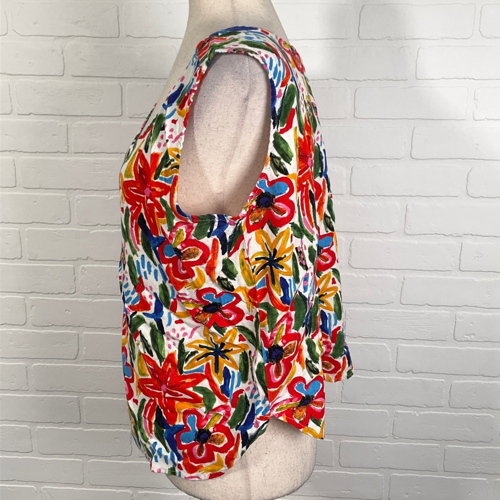 Hester & Orchard Tank Top Women L Red Floral Linen Blend Casual Beach Crop - Picture 3 of 10